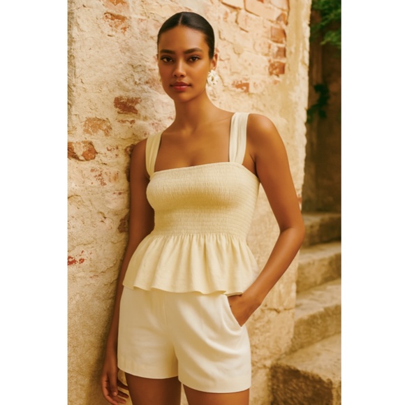 NWT Lucy Paris Vegan Leather Smocked Peplum Top in Beige - size Medium - Picture 1 of 4